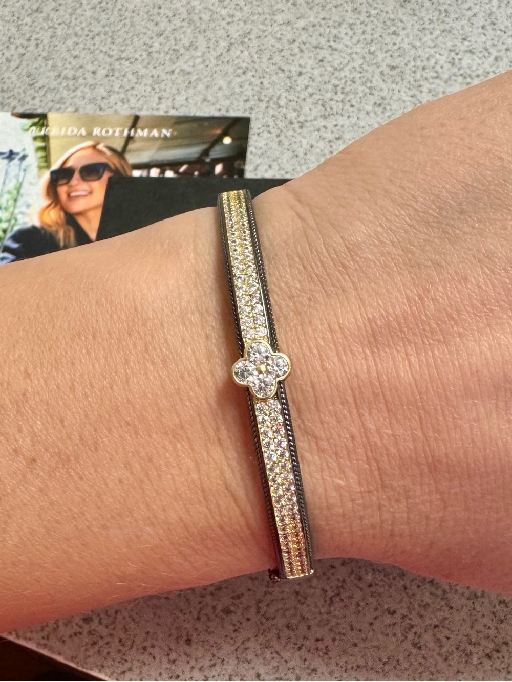 Freida Rothman Rhodium Pave Clover Oval Hinge Bracelet